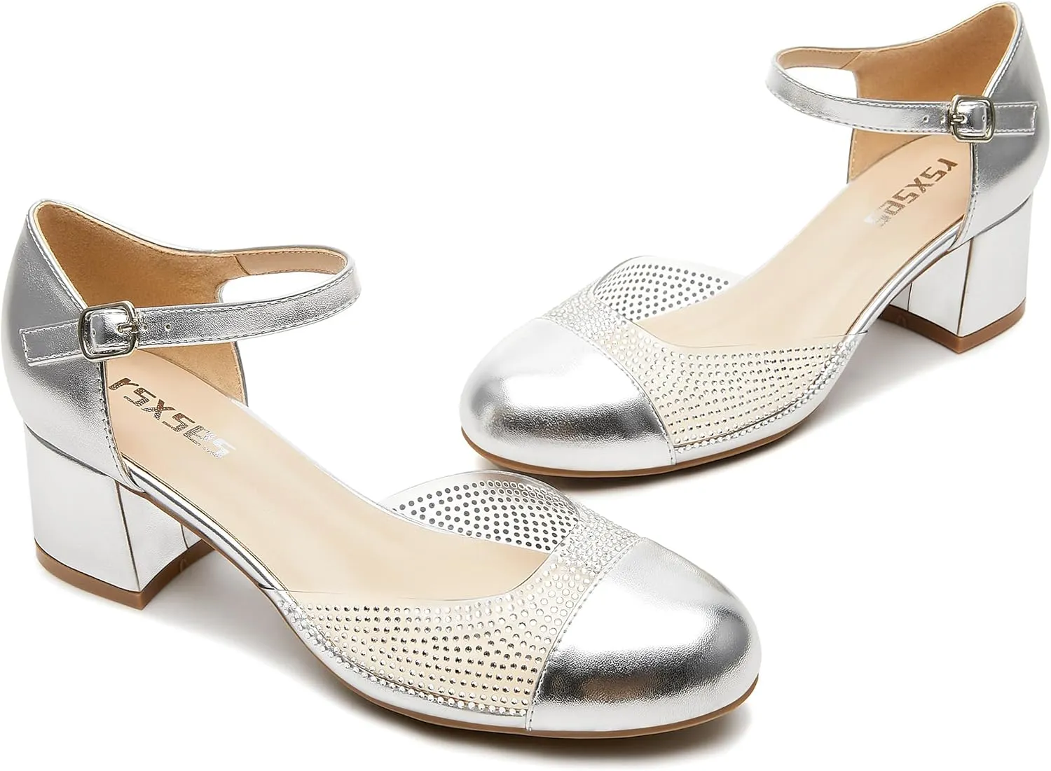 rsxses Women's Closed Round Toe Low Block Heels Ankle Strap Chunky Heel Pumps Rhinestone Dress Wedding Shoes