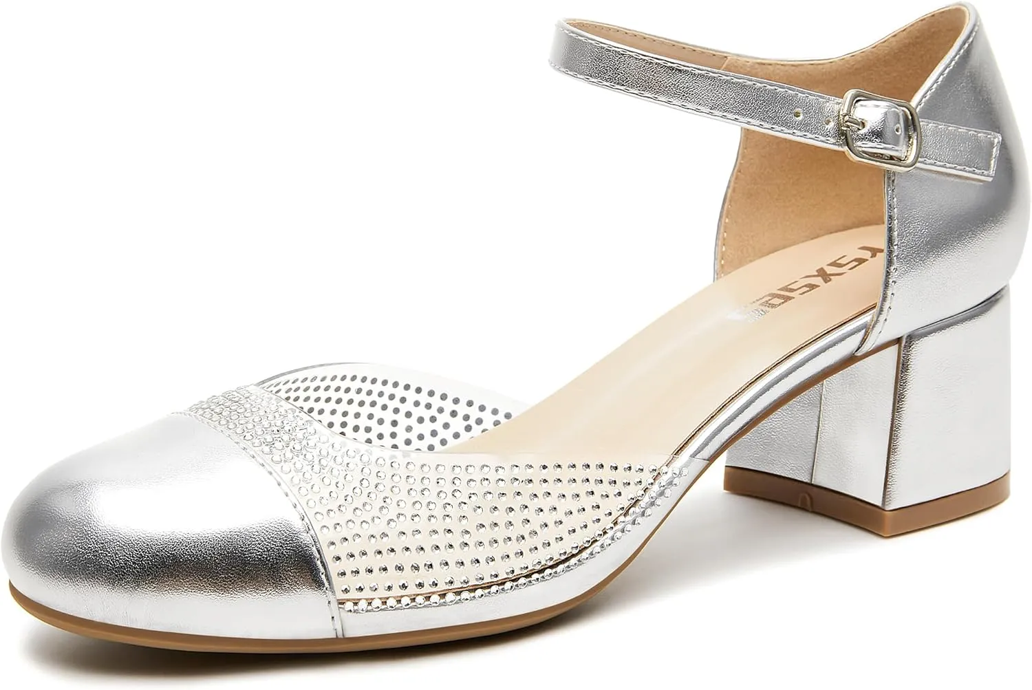 rsxses Women's Closed Round Toe Low Block Heels Ankle Strap Chunky Heel Pumps Rhinestone Dress Wedding Shoes