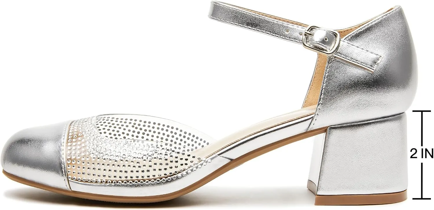 rsxses Women's Closed Round Toe Low Block Heels Ankle Strap Chunky Heel Pumps Rhinestone Dress Wedding Shoes