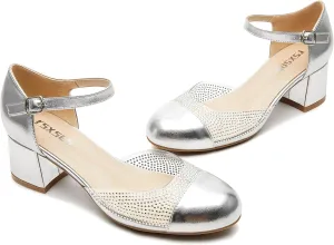 rsxses Women's Closed Round Toe Low Block Heels Ankle Strap Chunky Heel Pumps Rhinestone Dress Wedding Shoes
