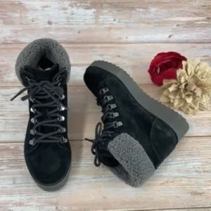 SAM EDELMAN Black Leather Franc Hiking Boot with Faux Shearling Trim 6M