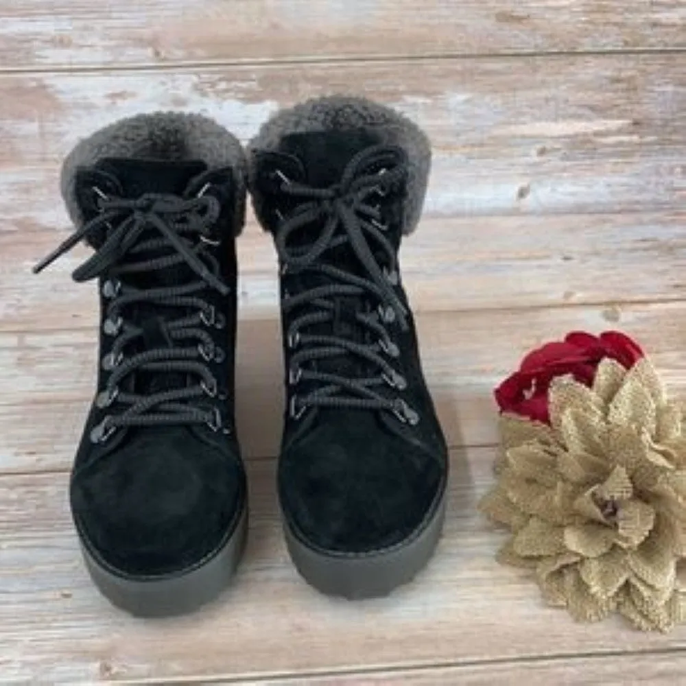 SAM EDELMAN Black Leather Franc Hiking Boot with Faux Shearling Trim 6M