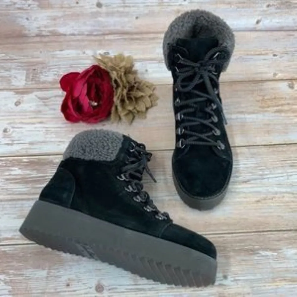 SAM EDELMAN Black Leather Franc Hiking Boot with Faux Shearling Trim 6M