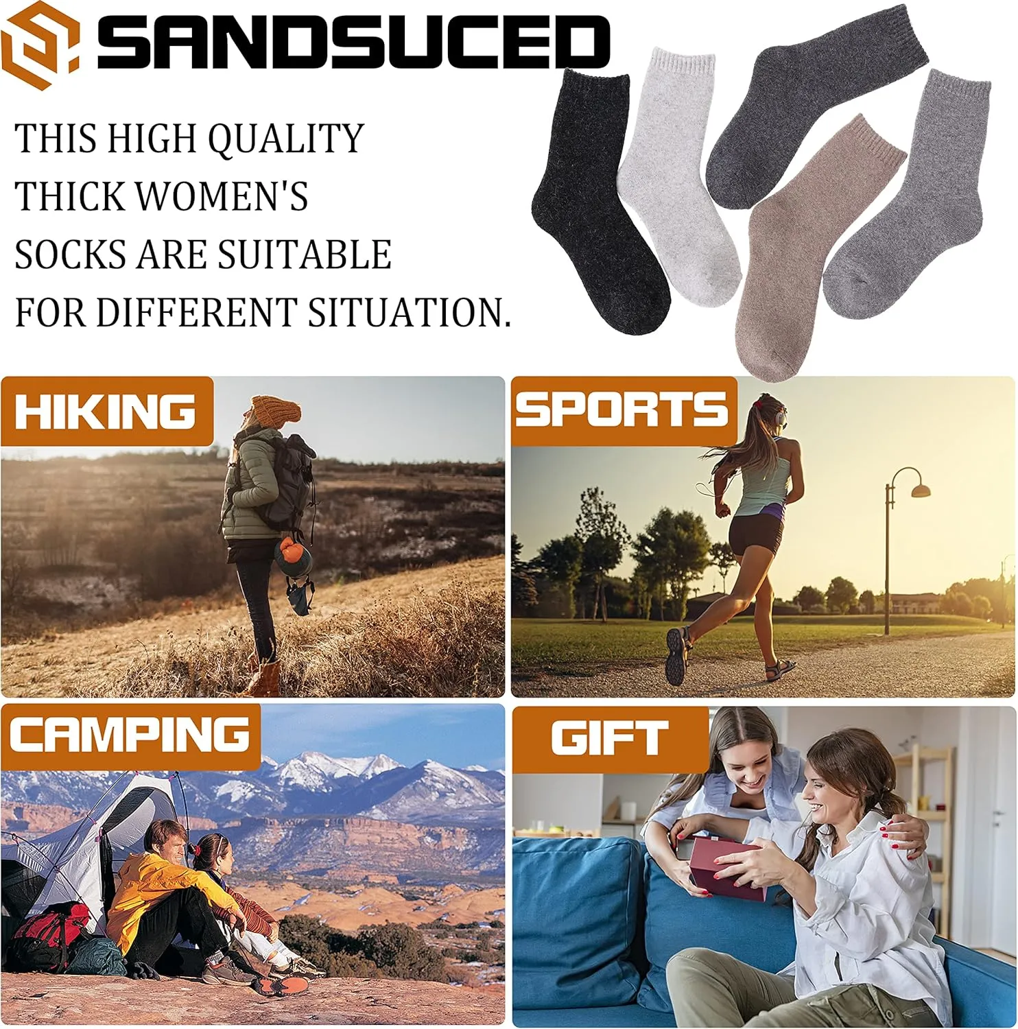 Sandsuced 5 Pack Merino Wool Hiking Socks for Women Warm Winter Thick Thermal Cozy Boot Work Soft Ladies Socks