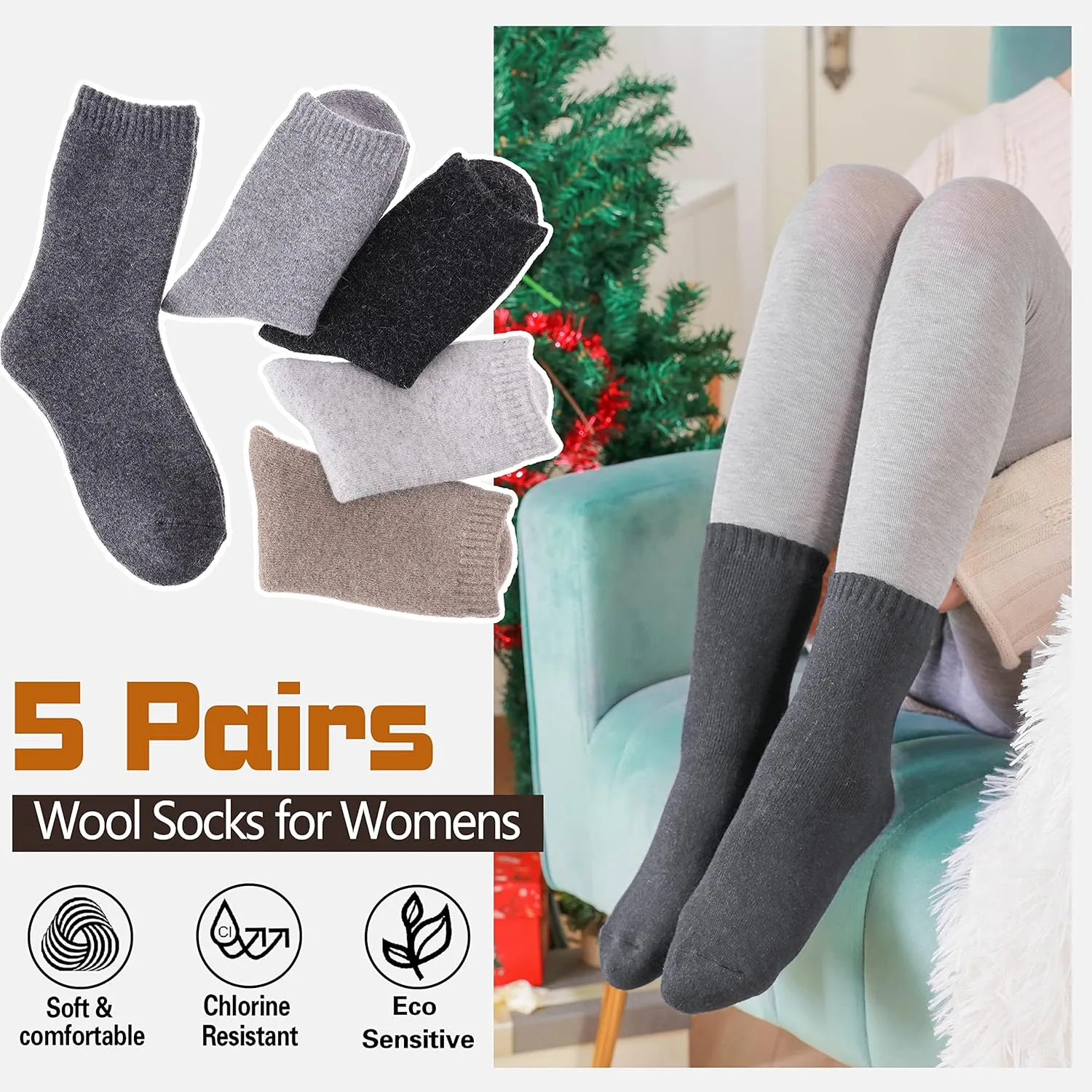 Sandsuced 5 Pack Merino Wool Hiking Socks for Women Warm Winter Thick Thermal Cozy Boot Work Soft Ladies Socks