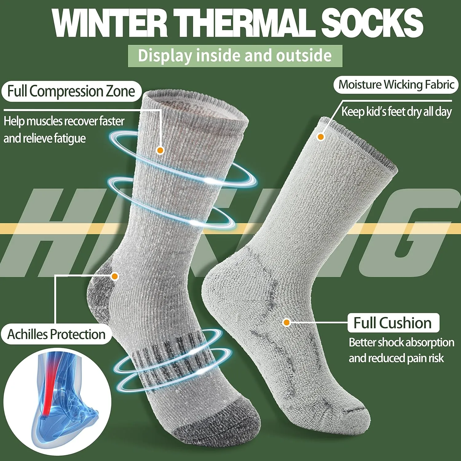 Sandsuced Kids Merino Wool Hiking Socks Girls Boys Toddler Winter Thermal Warm Cozy Boot Thick Cushion Socks 4 Pairs