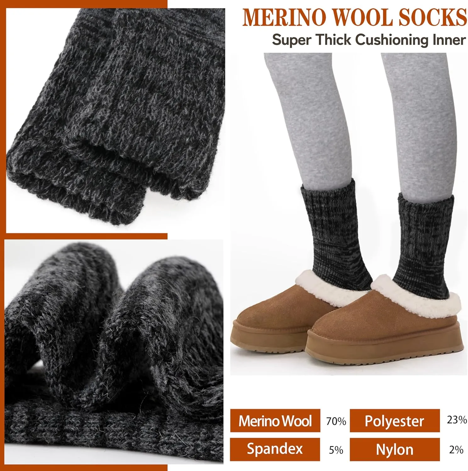 Sandsuced Merino Wool Boot Socks Thermal Warm Thick Winter Cozy Hiking Work Socks for Women Men 3 Pairs