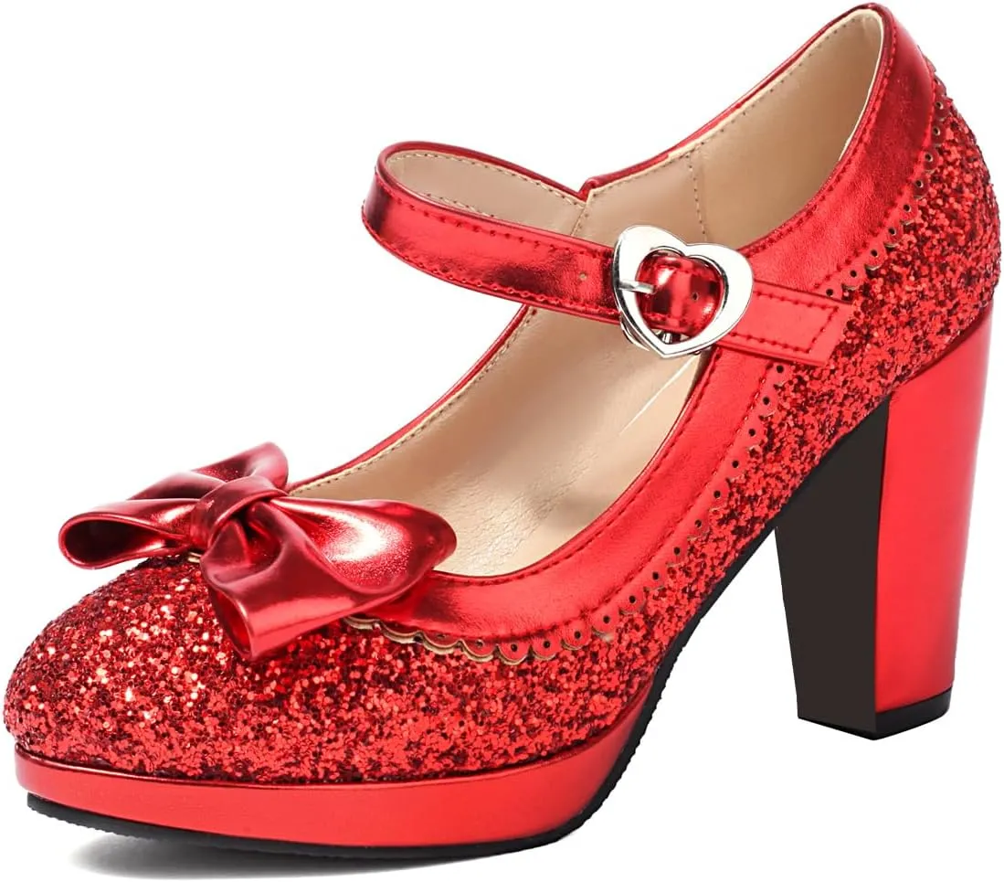 SEIFIN Women's Sequins Glitter Mary Jane Shoes Shine Sparkly Vintage Chunky High Block Heel Women Pumps with Bow and Ankle Strap Cosplay Rockabilly Kawaii Marriage Dress Shoes(Red,US10.5)