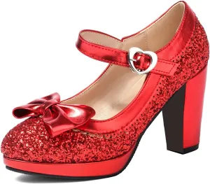 SEIFIN Women's Sequins Glitter Mary Jane Shoes Shine Sparkly Vintage Chunky High Block Heel Women Pumps with Bow and Ankle Strap Cosplay Rockabilly Kawaii Marriage Dress Shoes(Red,US10.5)