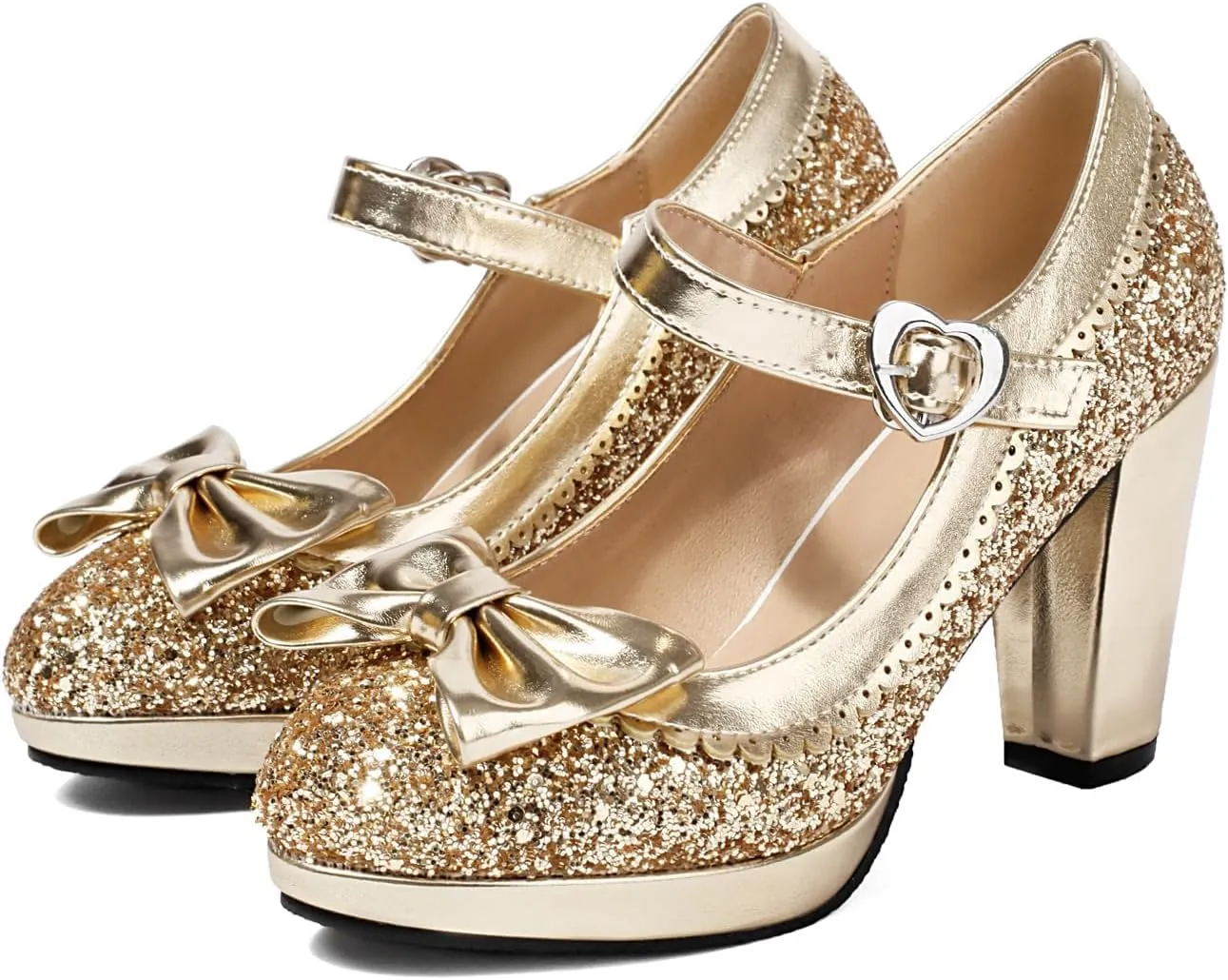 SEIFIN Women's Sequins Glitter Mary Jane Shoes Shine Sparkly Vintage Chunky High Block Heel Women Pumps with Bow and Ankle Strap Rockabilly Cosplay Kawaii Marriage Mary Jane Dress Pumps