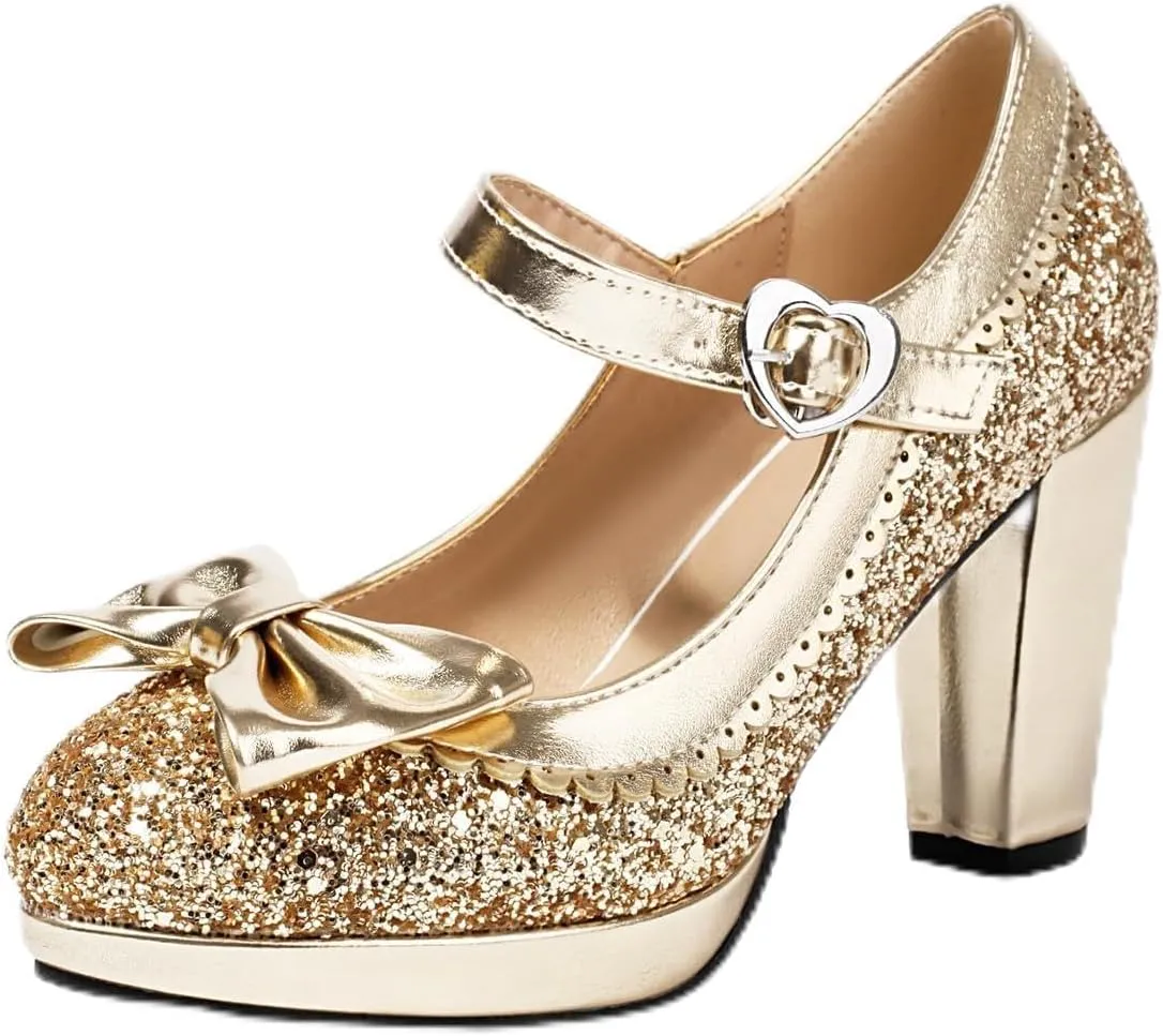 SEIFIN Women's Sequins Glitter Mary Jane Shoes Shine Sparkly Vintage Chunky High Block Heel Women Pumps with Bow and Ankle Strap Rockabilly Cosplay Kawaii Marriage Mary Jane Dress Pumps
