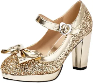 SEIFIN Women's Sequins Glitter Mary Jane Shoes Shine Sparkly Vintage Chunky High Block Heel Women Pumps with Bow and Ankle Strap Rockabilly Cosplay Kawaii Marriage Mary Jane Dress Pumps