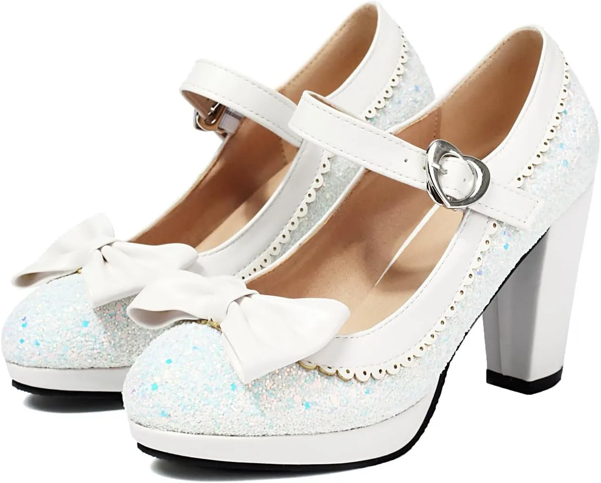 SEIFIN Women's Sequins Glitter Mary Jane Shoes Shine Sparkly Vintage Chunky High Block Heel Women Pumps with Bow and Ankle Strap Rockabilly Cosplay Kawaii Marriage Mary Jane Dress Pumps