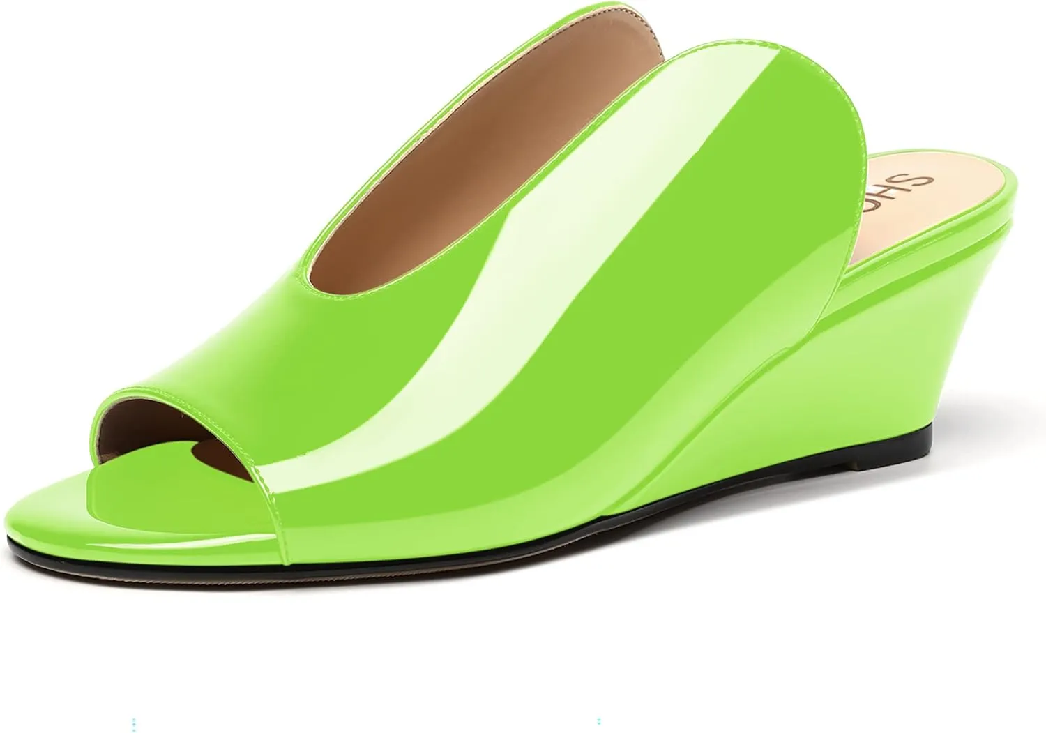 SHOWFOREST Women's Open Toe Casual Solid Slip On Outdoor Round Toe Patent Wedge Low Heel Pumps Shoes 2 Inch