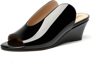 SHOWFOREST Women's Open Toe Casual Solid Slip On Outdoor Round Toe Patent Wedge Low Heel Pumps Shoes 2 Inch