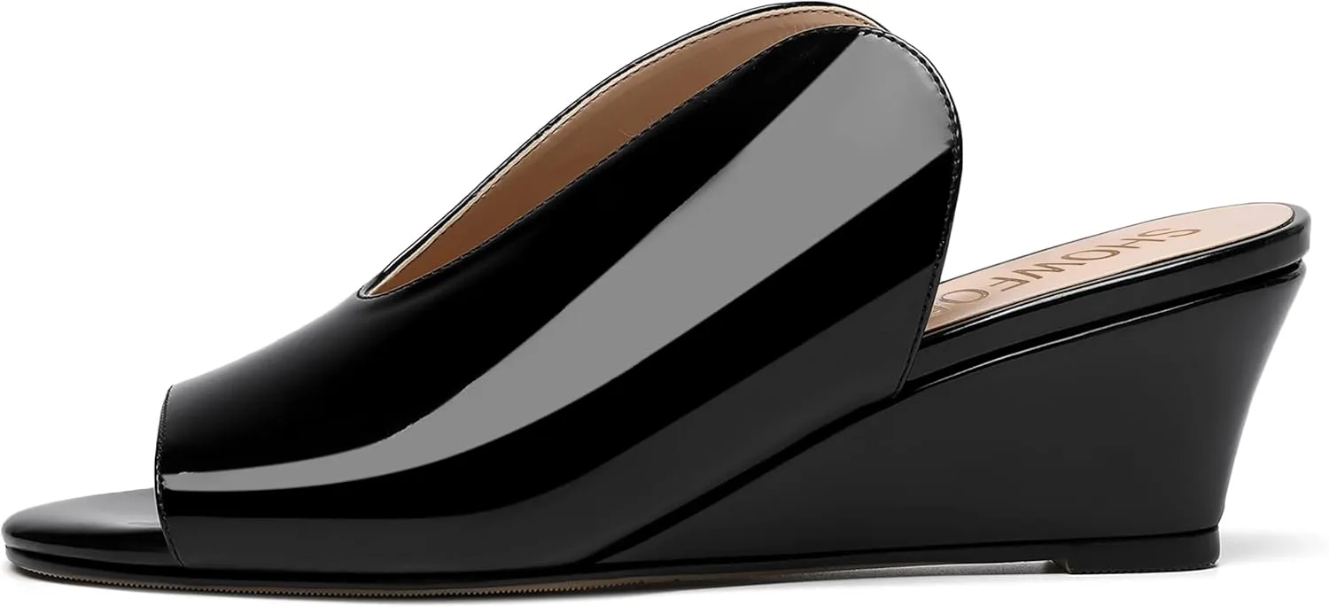 SHOWFOREST Women's Open Toe Casual Solid Slip On Outdoor Round Toe Patent Wedge Low Heel Pumps Shoes 2 Inch