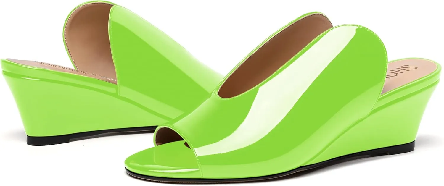 SHOWFOREST Women's Open Toe Casual Solid Slip On Outdoor Round Toe Patent Wedge Low Heel Pumps Shoes 2 Inch