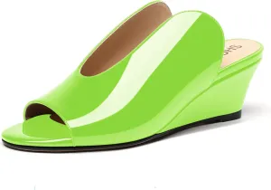 SHOWFOREST Women's Open Toe Casual Solid Slip On Outdoor Round Toe Patent Wedge Low Heel Pumps Shoes 2 Inch