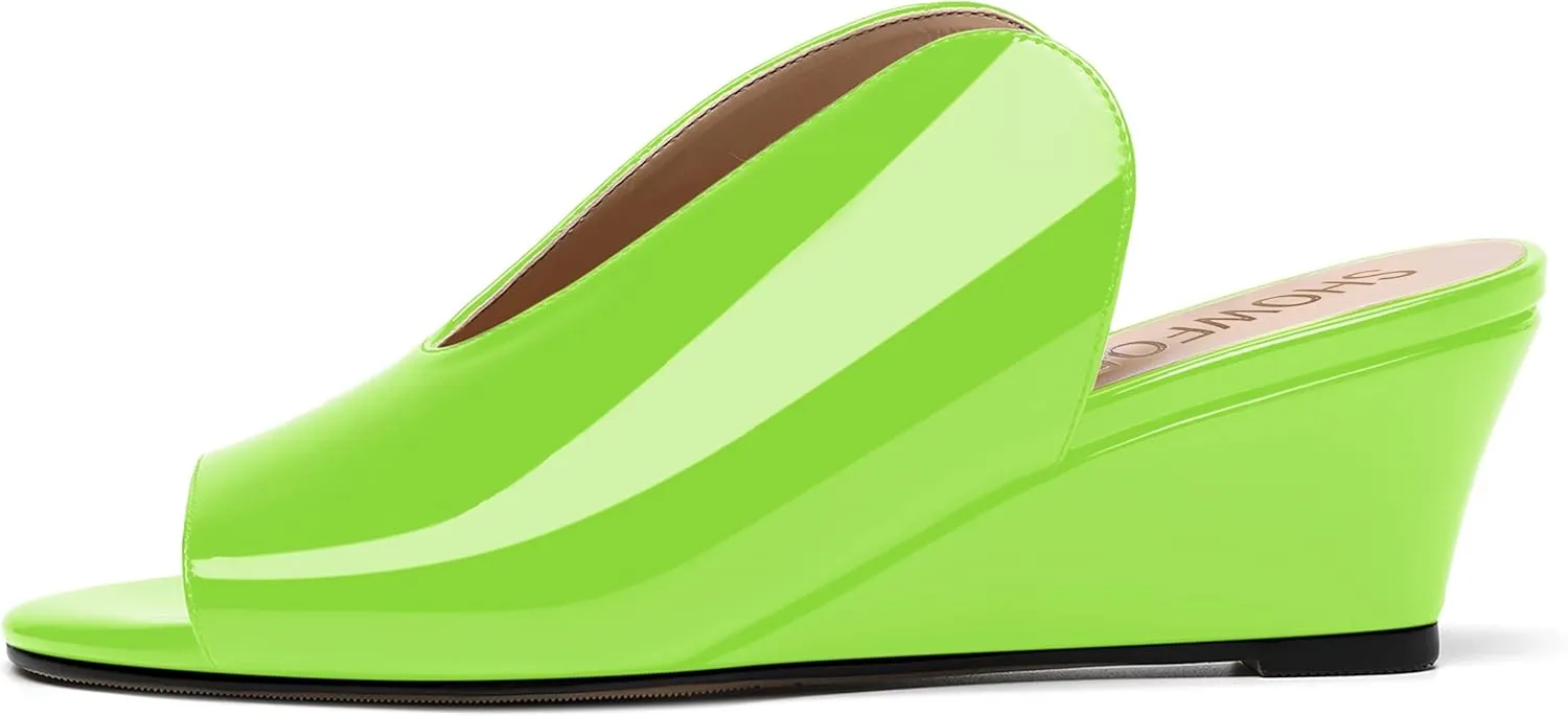 SHOWFOREST Women's Open Toe Casual Solid Slip On Outdoor Round Toe Patent Wedge Low Heel Pumps Shoes 2 Inch