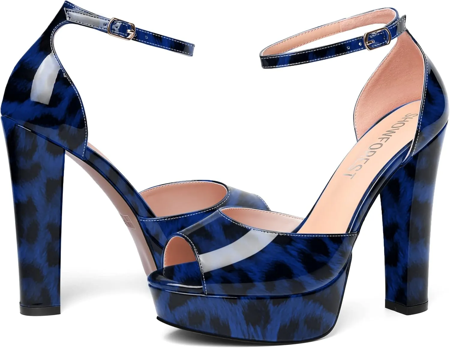 SHOWFOREST Womens Platform Patent Ankle Strap Sexy Buckle Peep Toe Night Club Block High Heel Pumps Shoes 5 Inch
