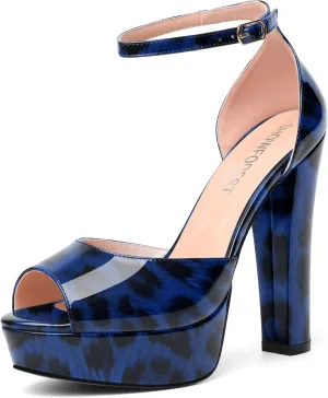 SHOWFOREST Womens Platform Patent Ankle Strap Sexy Buckle Peep Toe Night Club Block High Heel Pumps Shoes 5 Inch
