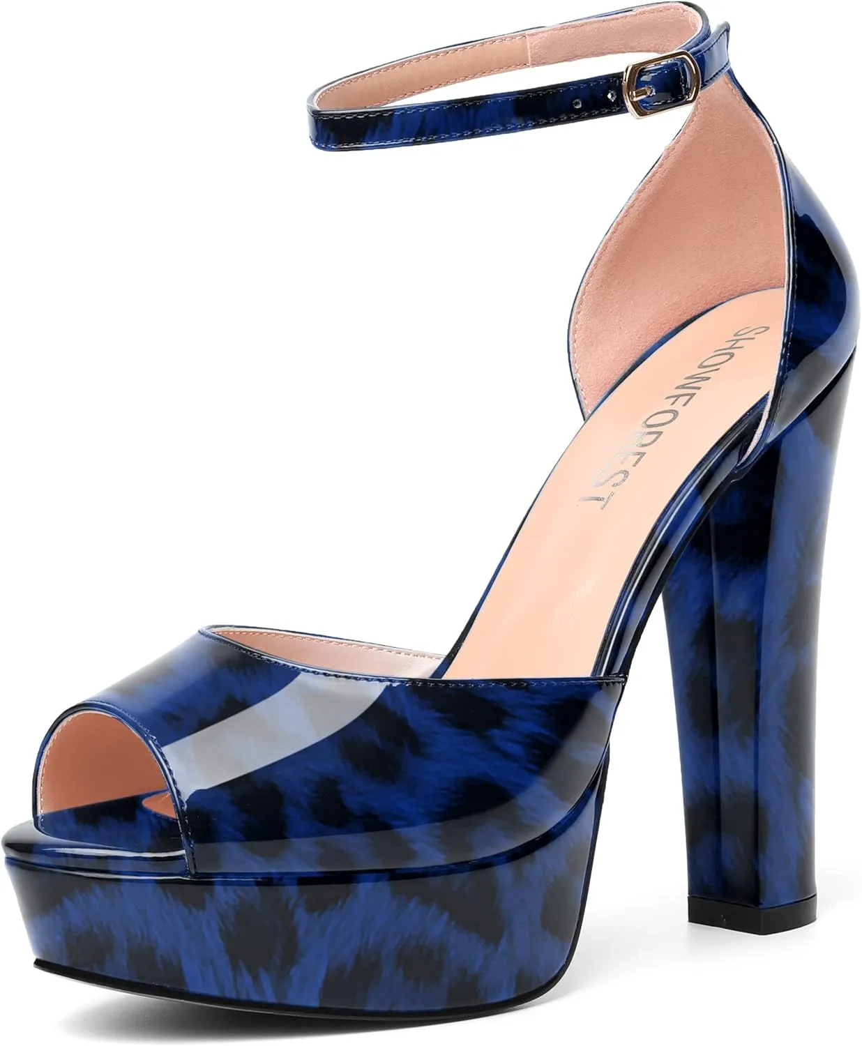 SHOWFOREST Womens Platform Patent Ankle Strap Sexy Buckle Peep Toe Night Club Block High Heel Pumps Shoes 5 Inch