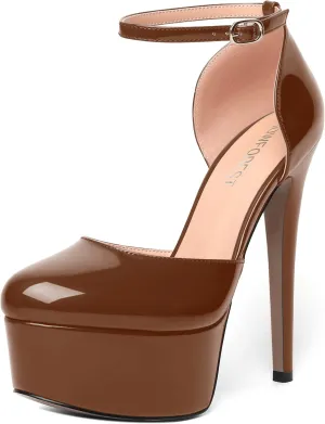 SHOWFOREST Womens Round Toe Ankle Strap Patent Dress Buckle Dating Stiletto High Heel Pumps Shoes 6 Inch