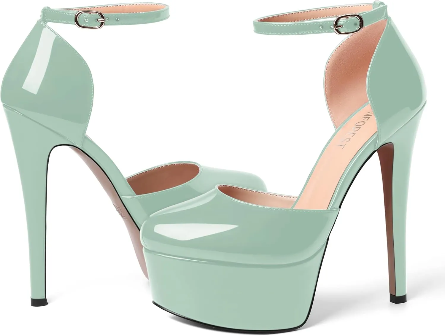 SHOWFOREST Womens Round Toe Ankle Strap Patent Dress Buckle Dating Stiletto High Heel Pumps Shoes 6 Inch