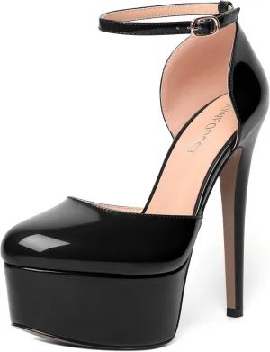 SHOWFOREST Womens Round Toe Ankle Strap Patent Dress Buckle Dating Stiletto High Heel Pumps Shoes 6 Inch