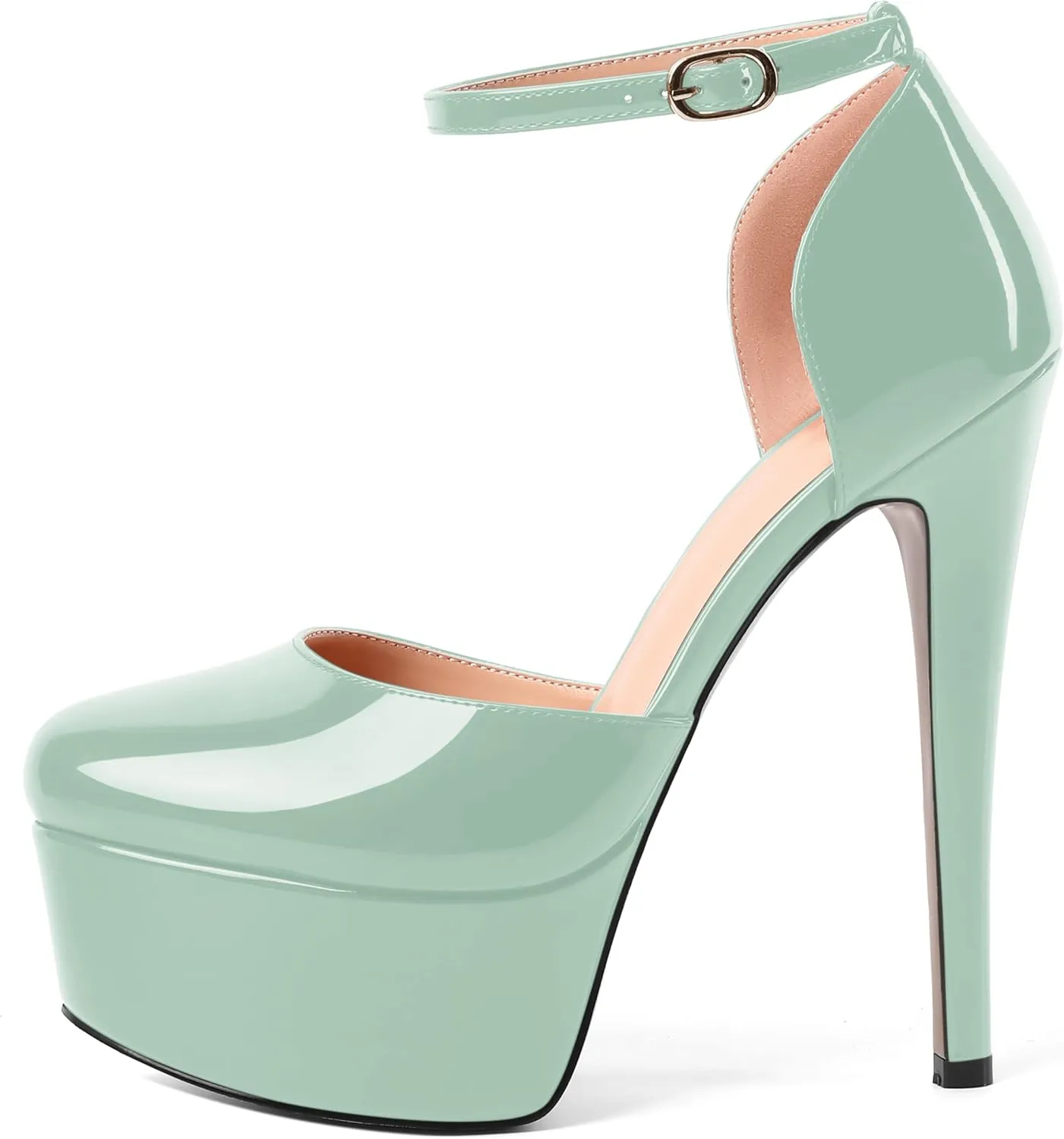 SHOWFOREST Womens Round Toe Ankle Strap Patent Dress Buckle Dating Stiletto High Heel Pumps Shoes 6 Inch