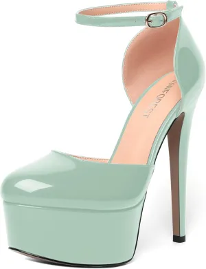 SHOWFOREST Womens Round Toe Ankle Strap Patent Dress Buckle Dating Stiletto High Heel Pumps Shoes 6 Inch