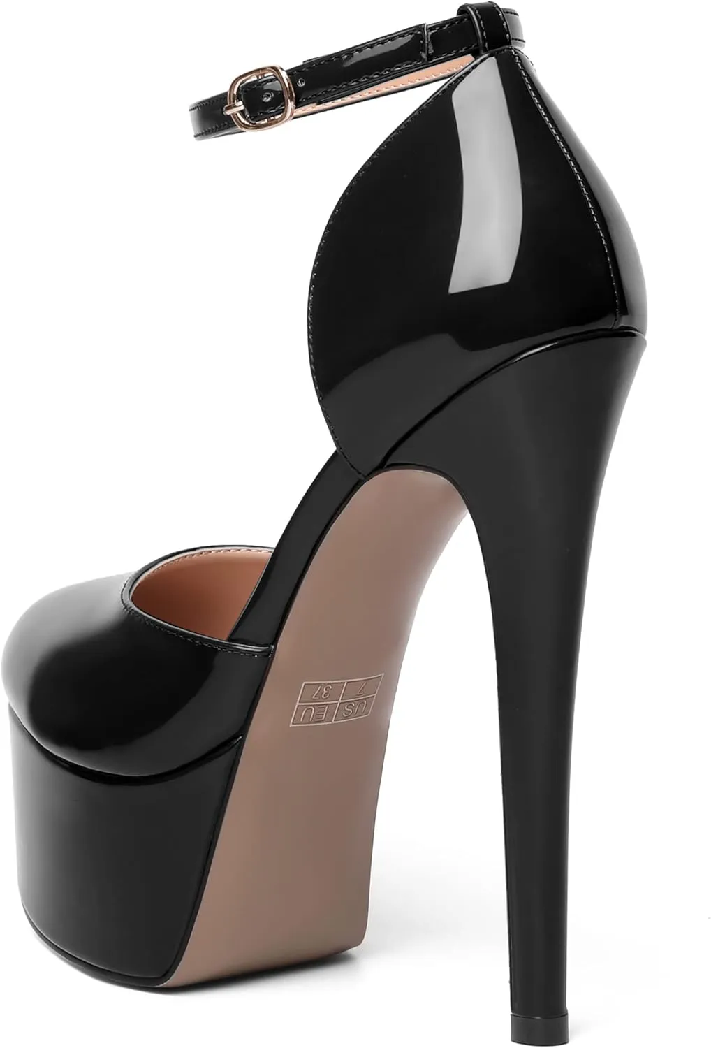 SHOWFOREST Womens Round Toe Ankle Strap Patent Dress Buckle Dating Stiletto High Heel Pumps Shoes 6 Inch