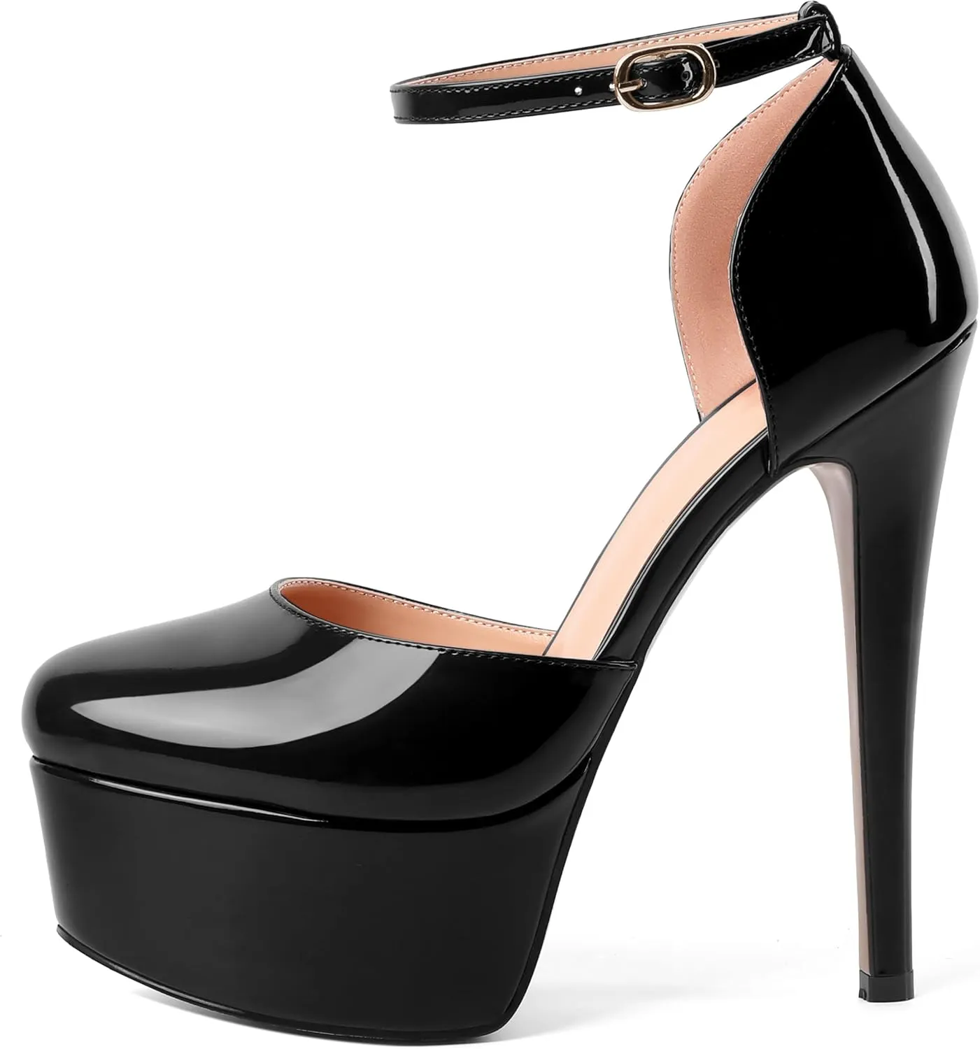 SHOWFOREST Womens Round Toe Ankle Strap Patent Dress Buckle Dating Stiletto High Heel Pumps Shoes 6 Inch