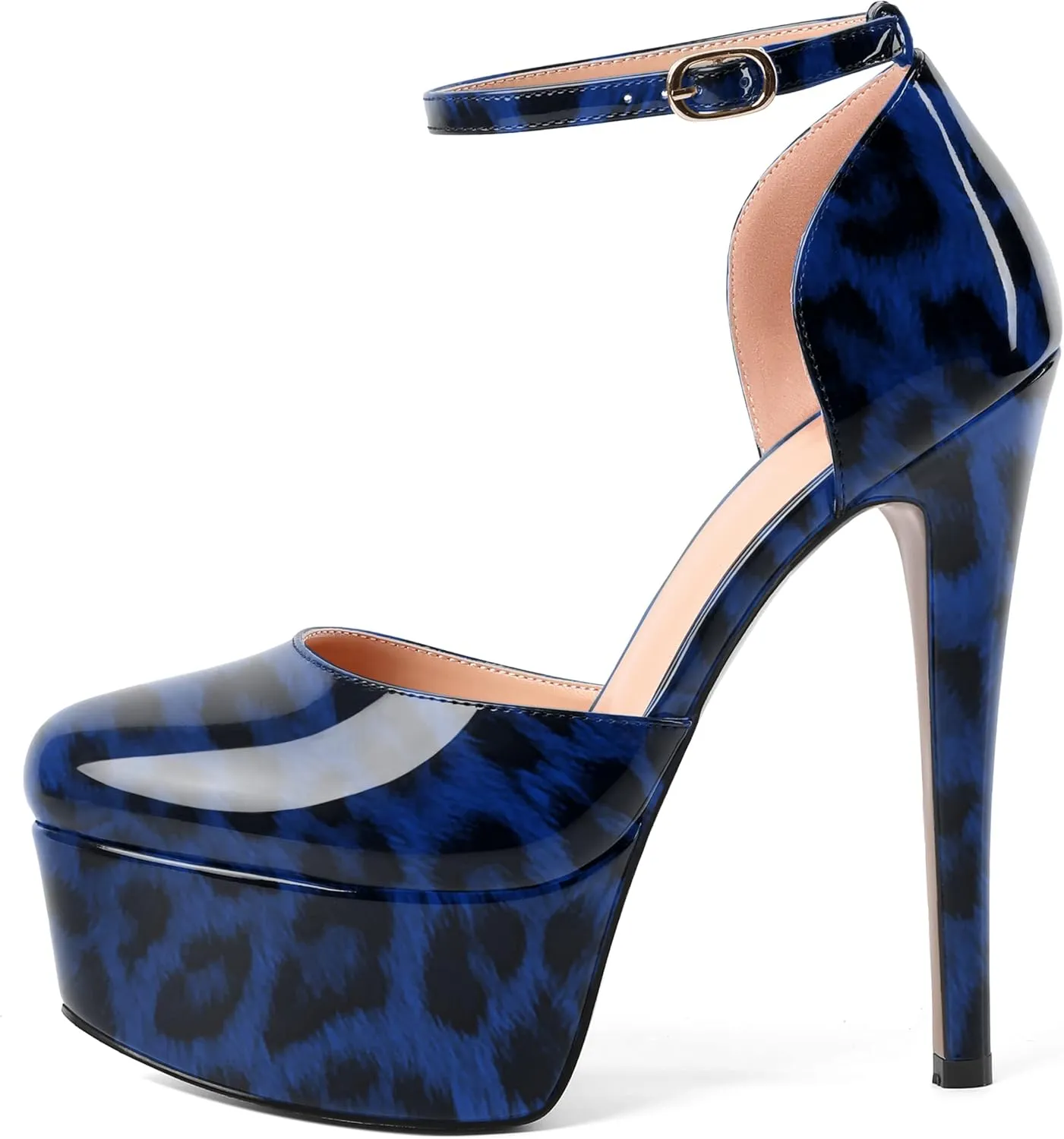 SHOWFOREST Womens Round Toe Ankle Strap Patent Dress Buckle Dating Stiletto High Heel Pumps Shoes 6 Inch