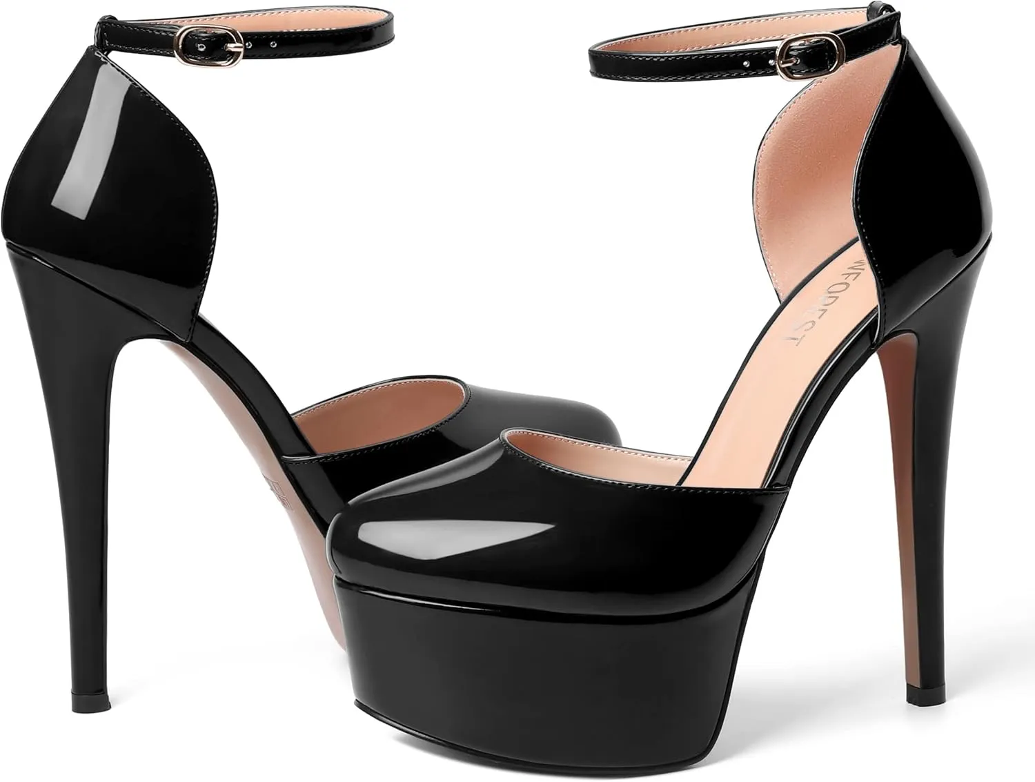 SHOWFOREST Womens Round Toe Ankle Strap Patent Dress Buckle Dating Stiletto High Heel Pumps Shoes 6 Inch