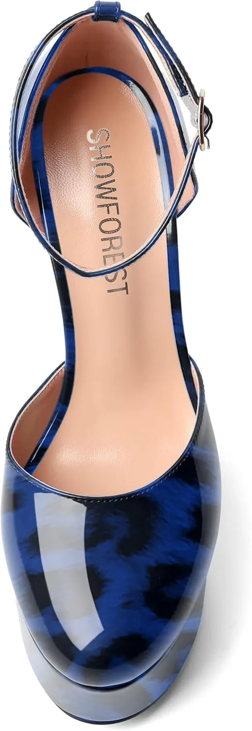 SHOWFOREST Womens Round Toe Ankle Strap Patent Dress Buckle Dating Stiletto High Heel Pumps Shoes 6 Inch
