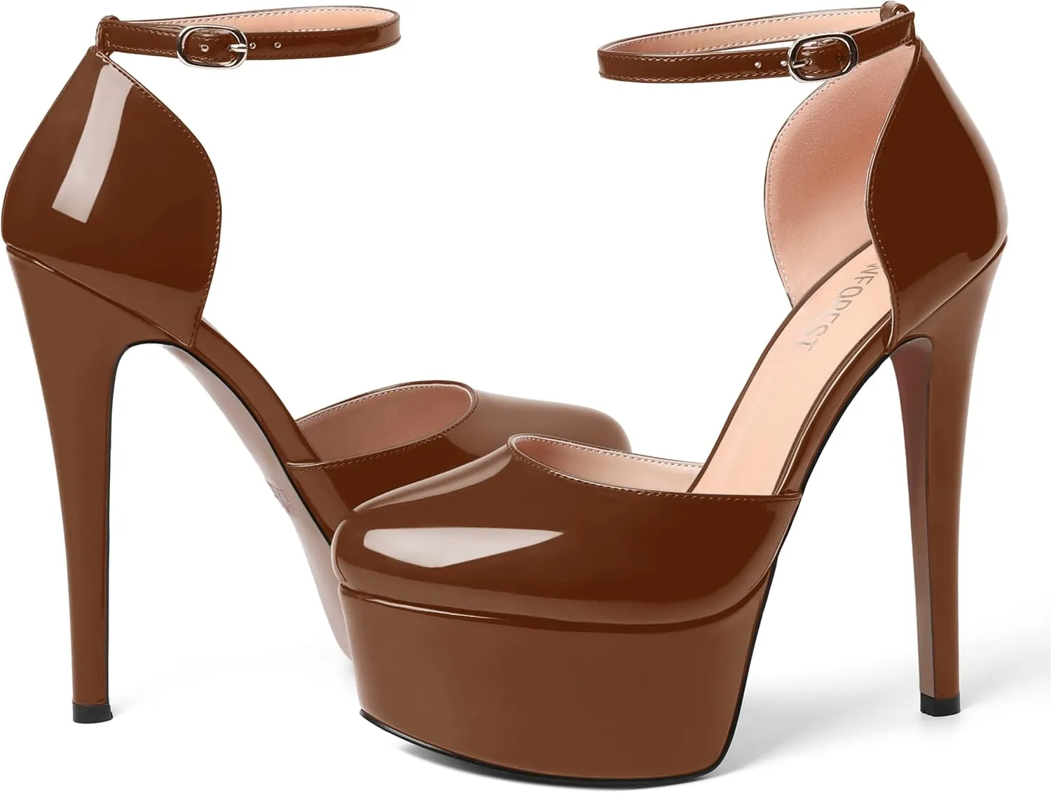SHOWFOREST Womens Round Toe Ankle Strap Patent Dress Buckle Dating Stiletto High Heel Pumps Shoes 6 Inch
