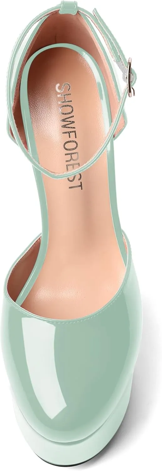 SHOWFOREST Womens Round Toe Ankle Strap Patent Dress Buckle Dating Stiletto High Heel Pumps Shoes 6 Inch