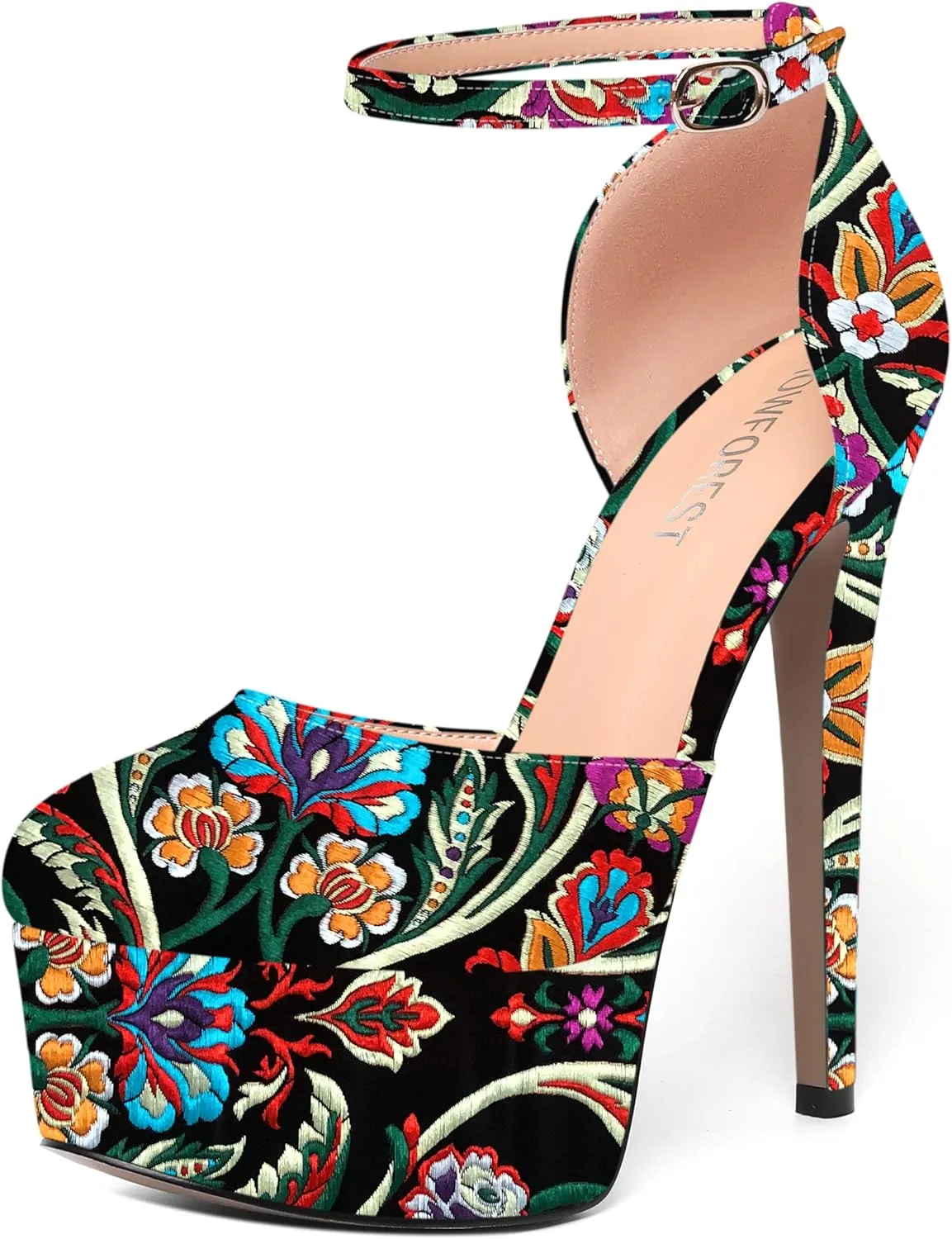 SHOWFOREST Womens Round Toe Ankle Strap Patent Dress Buckle Dating Stiletto High Heel Pumps Shoes 6 Inch
