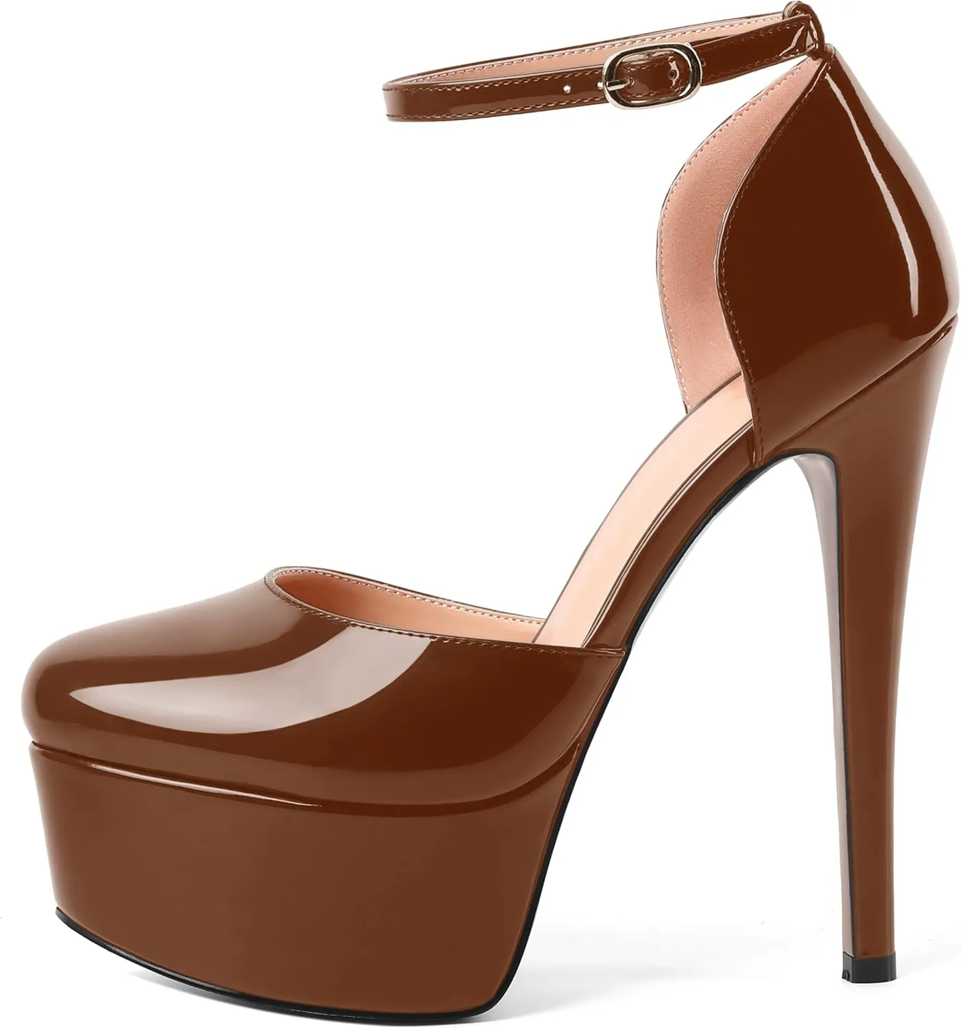 SHOWFOREST Womens Round Toe Ankle Strap Patent Dress Buckle Dating Stiletto High Heel Pumps Shoes 6 Inch