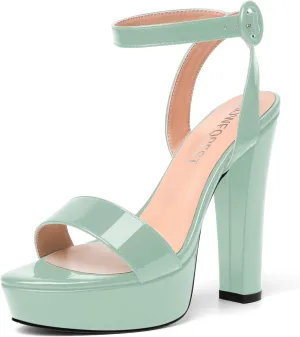 SHOWFOREST Womens Round Toe Dress Patent Platform Buckle Wedding Ankle Strap Solid Block High Heel Heeled Sandals 5 Inch