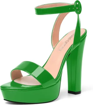 SHOWFOREST Womens Round Toe Dress Patent Platform Buckle Wedding Ankle Strap Solid Block High Heel Heeled Sandals 5 Inch