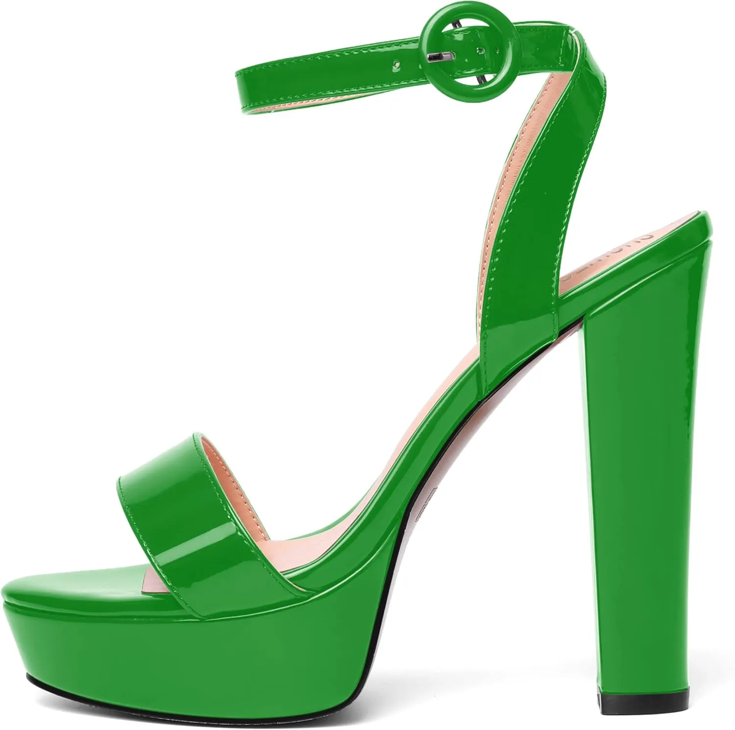 SHOWFOREST Womens Round Toe Dress Patent Platform Buckle Wedding Ankle Strap Solid Block High Heel Heeled Sandals 5 Inch