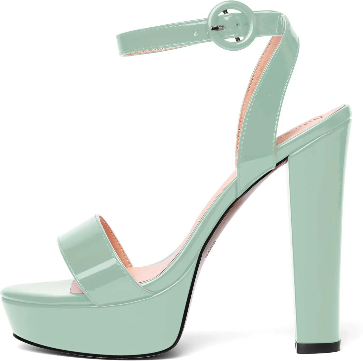 SHOWFOREST Womens Round Toe Dress Patent Platform Buckle Wedding Ankle Strap Solid Block High Heel Heeled Sandals 5 Inch