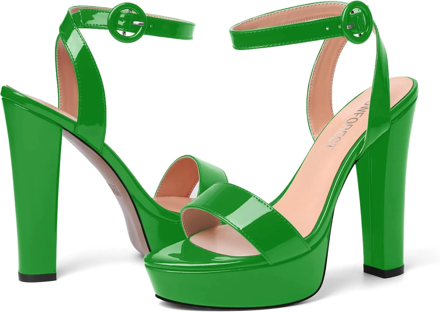 SHOWFOREST Womens Round Toe Dress Patent Platform Buckle Wedding Ankle Strap Solid Block High Heel Heeled Sandals 5 Inch