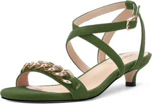 SHOWFOREST Womens Round Toe School Metal Chain Buckle Suede Cute Solid Adjustable Strap Kitten Low Heel Sandals 1.5 Inch