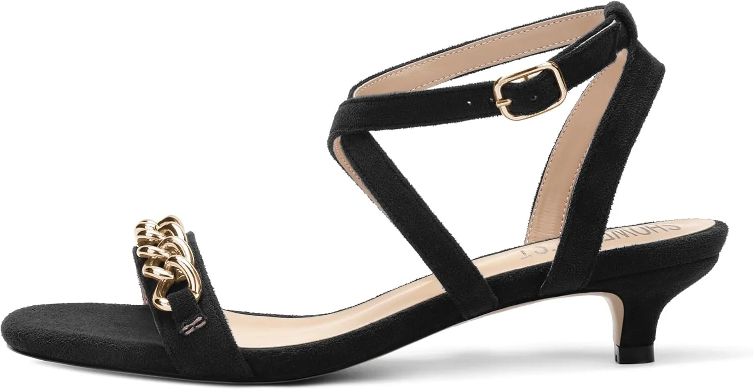 SHOWFOREST Womens Round Toe School Metal Chain Buckle Suede Cute Solid Adjustable Strap Kitten Low Heel Sandals 1.5 Inch
