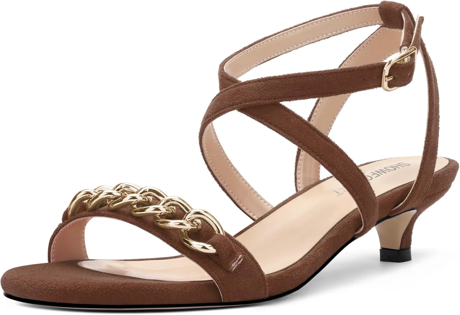 SHOWFOREST Womens Round Toe School Metal Chain Buckle Suede Cute Solid Adjustable Strap Kitten Low Heel Sandals 1.5 Inch