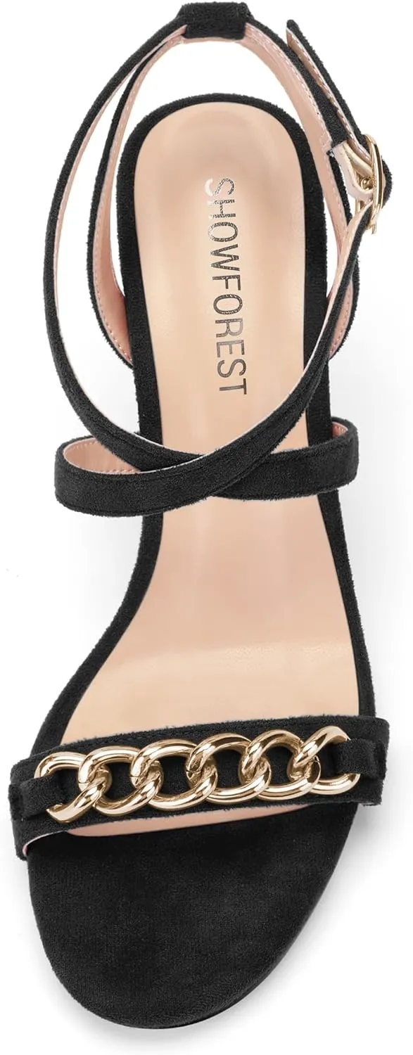 SHOWFOREST Womens Round Toe School Metal Chain Buckle Suede Cute Solid Adjustable Strap Kitten Low Heel Sandals 1.5 Inch