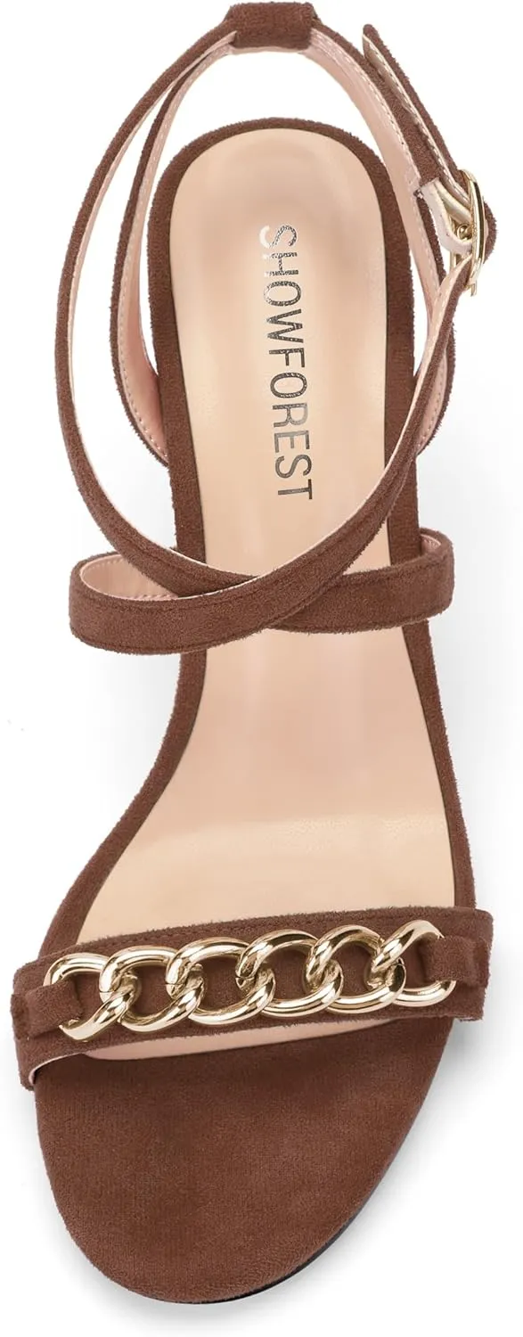 SHOWFOREST Womens Round Toe School Metal Chain Buckle Suede Cute Solid Adjustable Strap Kitten Low Heel Sandals 1.5 Inch